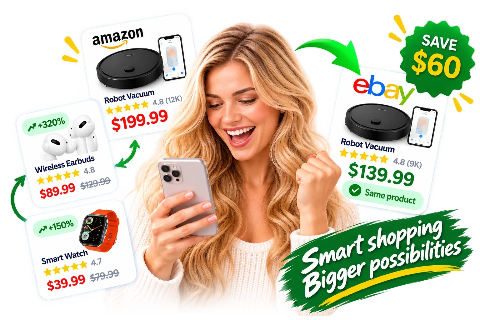 A happy shopper discovering trending products on her phone