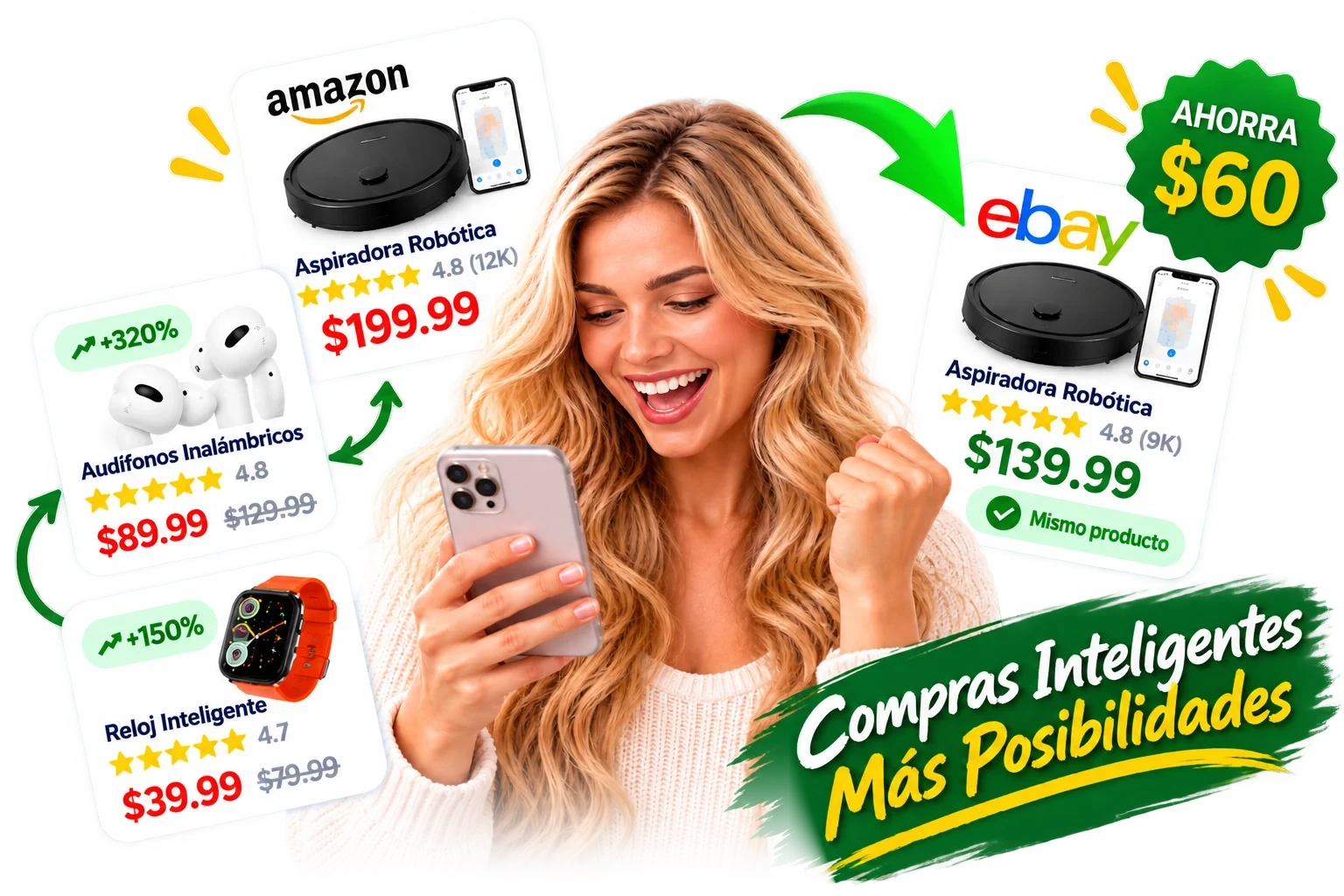 Una compradora feliz descubriendo productos en tendencia en su teléfono
